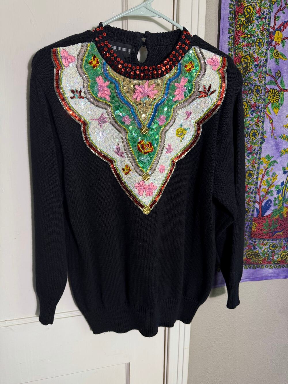 Vintage Spree International Sequin Beaded Black Sweater Statement 80s - Large